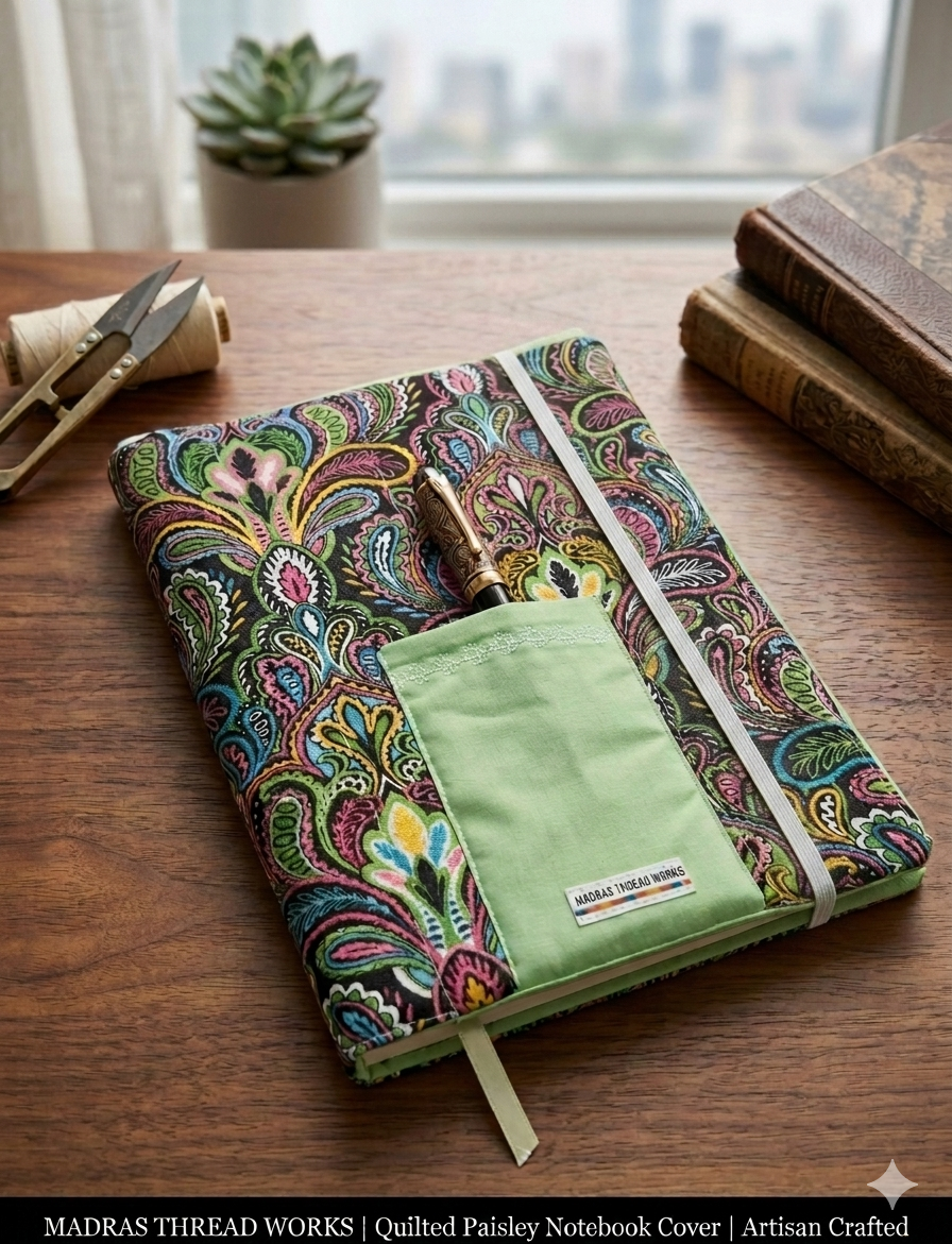 Fabric Notebook Cover with pen holder, bookmark and elastic closure