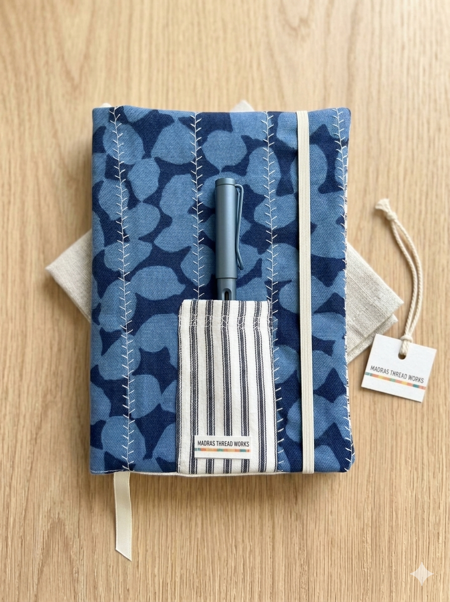Fabric Notebook Cover with pen holder, bookmark and elastic closure