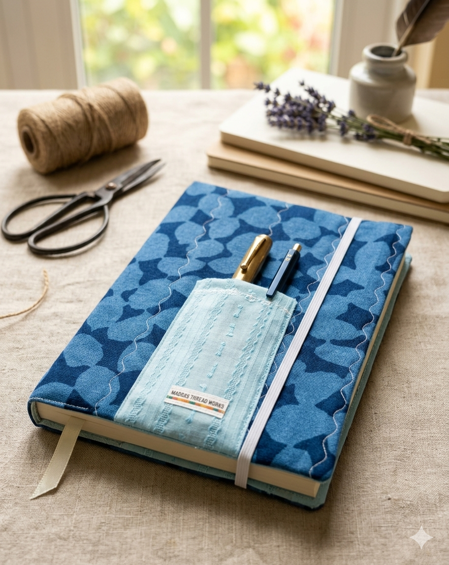 Fabric Notebook Cover with pen holder, bookmark and elastic closure