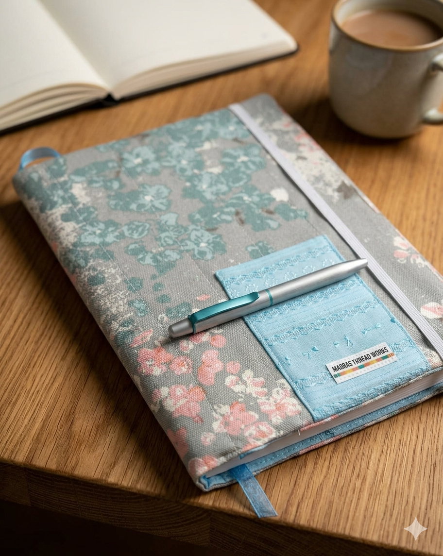 Fabric Notebook Cover with pen holder, bookmark and elastic closure