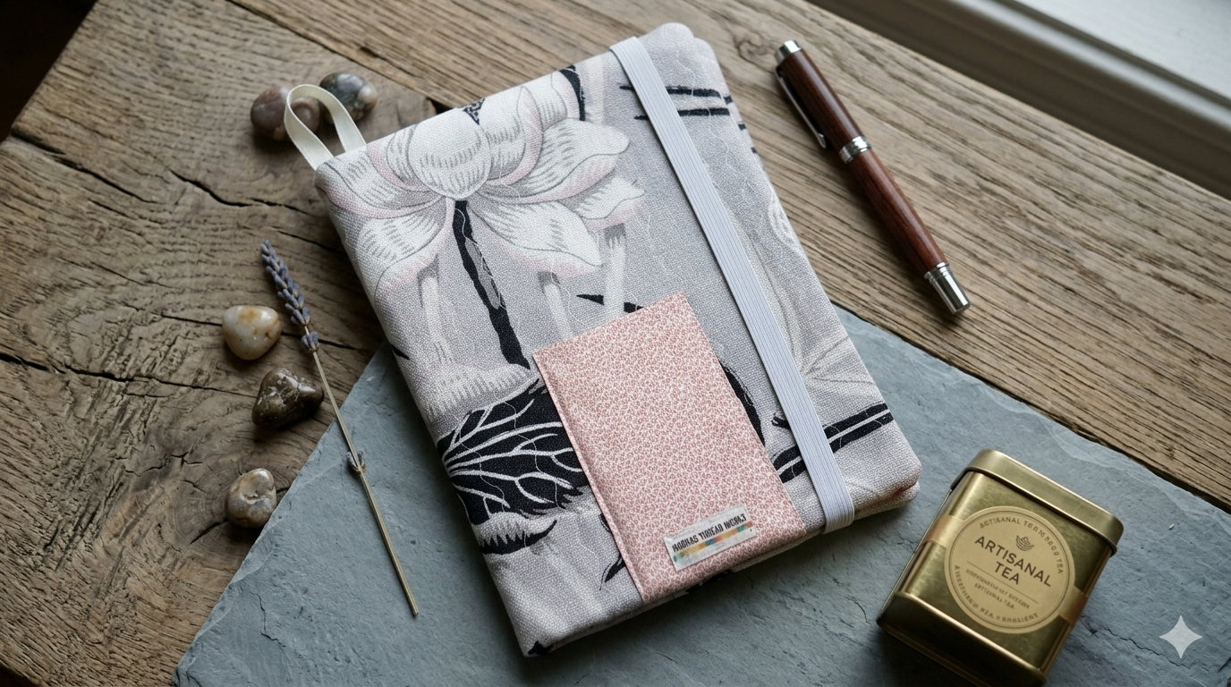 Fabric Notebook Cover with pen holder, bookmark and elastic closure