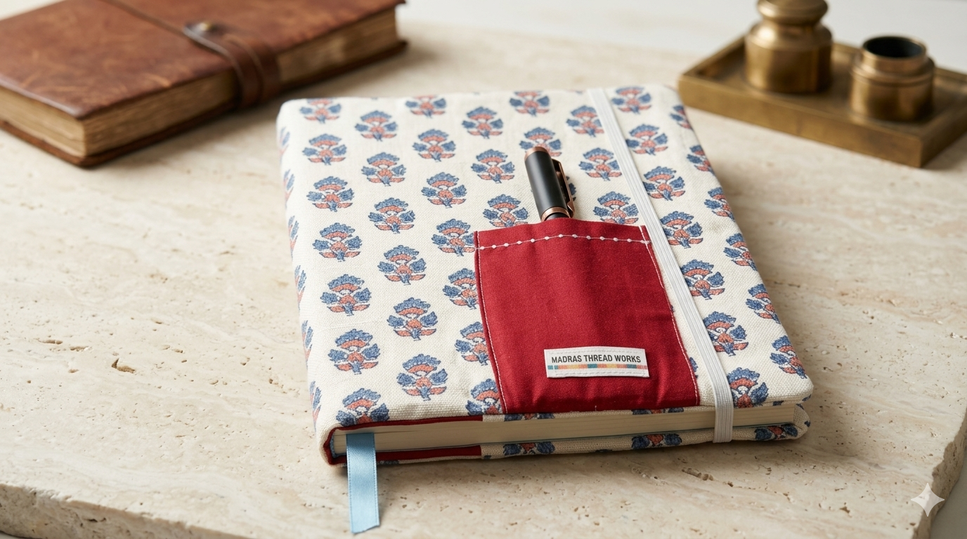 Fabric Notebook Cover with pen holder, bookmark and elastic closure