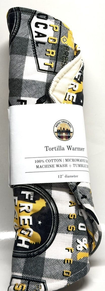 Checkered tortilla warmer with brand logo on a white background